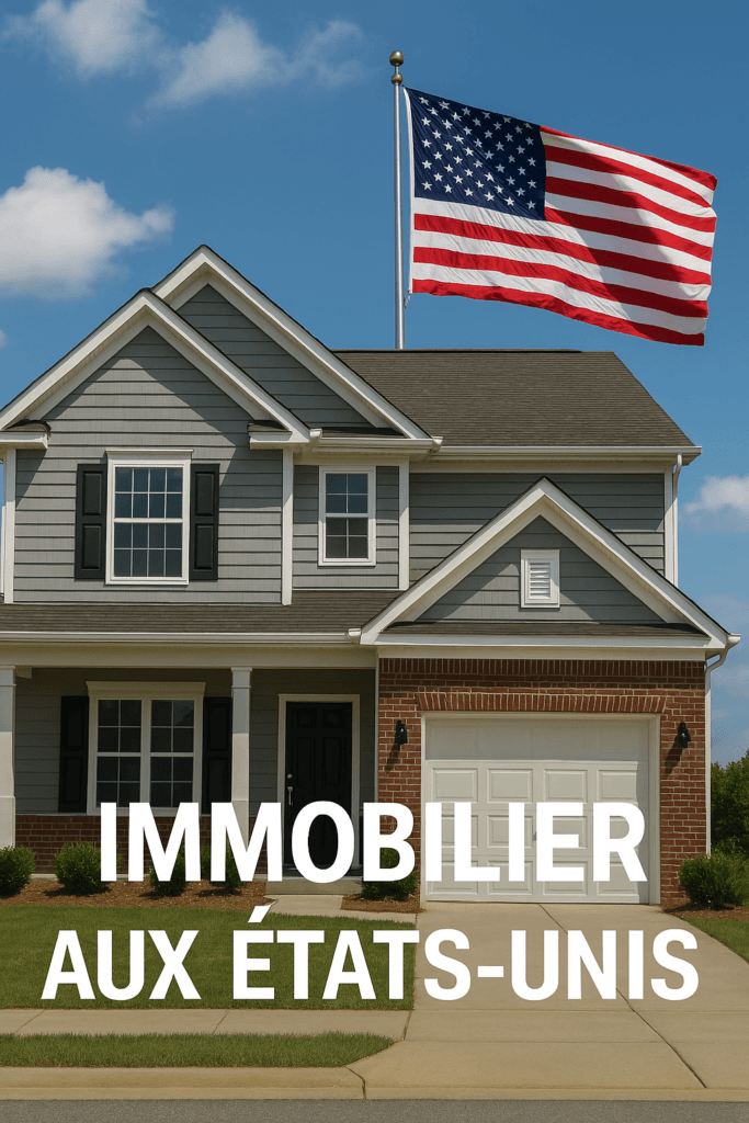Maison typique américaine avec drapeau des États-Unis – Investir dans l'immobilier aux États-Unis, Austin, Floride, Texas.