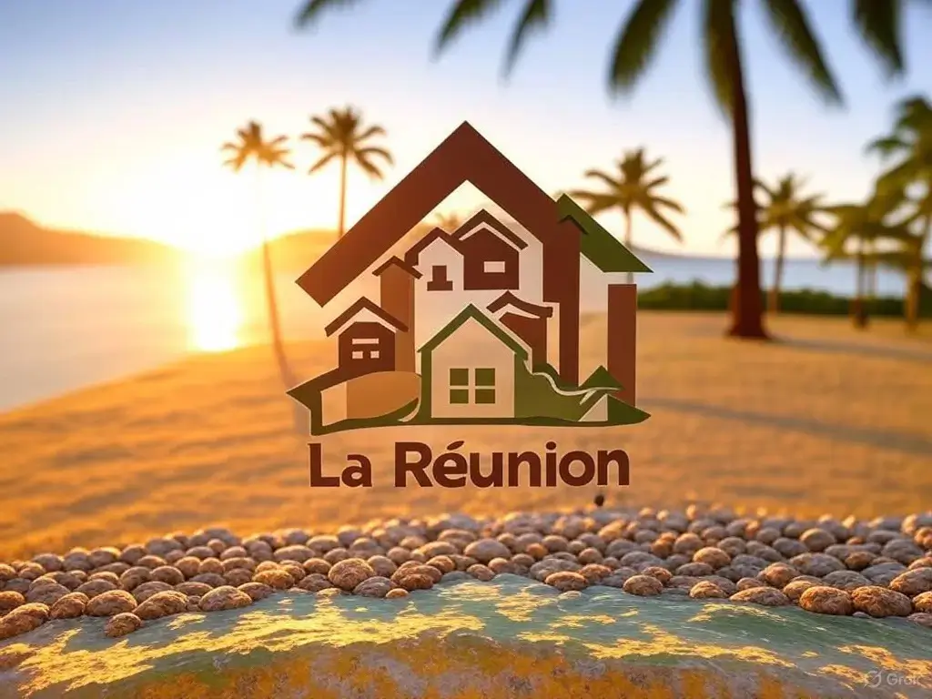 Paysage paradisiaque de La Réunion avec logo immobilier, illustration du potentiel pour investir immobilier La Réunion.