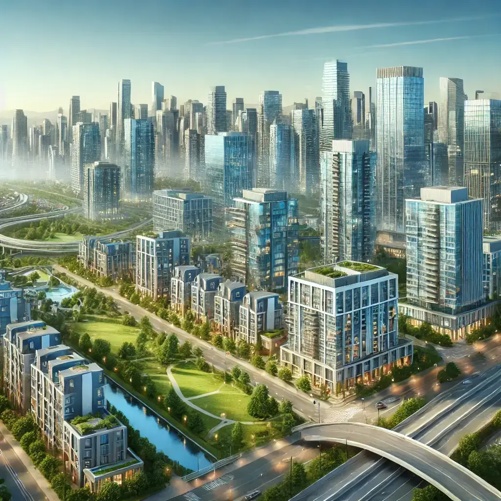 Skyline moderne d'une ville américaine avec des gratte-ciel et des opportunités d'investissement immobilier, reflétant un marché dynamique et en pleine croissance. Pourquoi investir aux USA ?