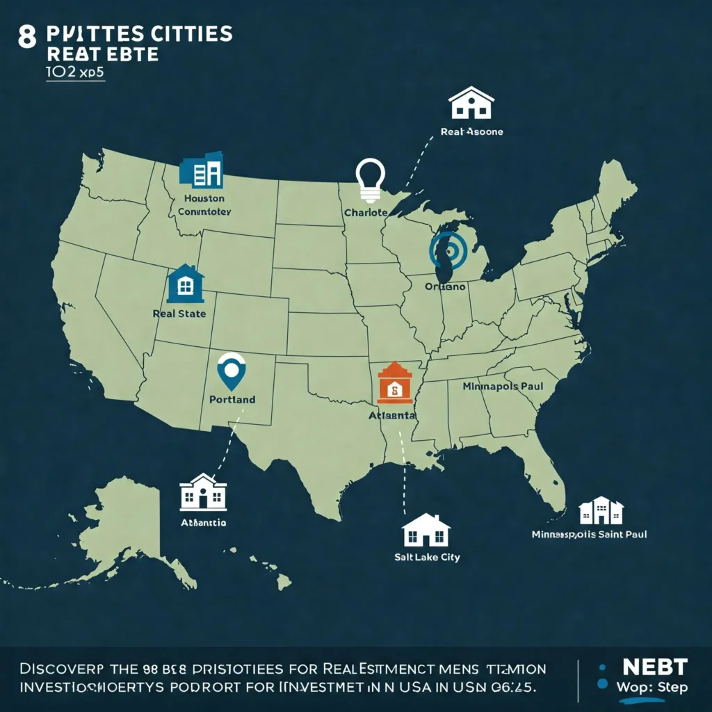 investir aux USA en 2025. Carte des États-Unis mettant en évidence 8 des meilleures villes pour des investissements immobiliers rentables en 2025, notamment Houston, Charlotte, Orlando, Portland, Atlanta, Phoenix, Salt Lake City et Minneapolis-Saint Paul.