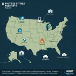investir aux USA en 2025. Carte des États-Unis mettant en évidence 8 des meilleures villes pour des investissements immobiliers rentables en 2025, notamment Houston, Charlotte, Orlando, Portland, Atlanta, Phoenix, Salt Lake City et Minneapolis-Saint Paul.