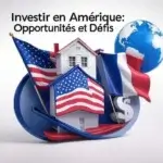 Logo illustrant investir aux États-Unis pour les Français, avec une maison blanche ornée d’un symbole dollar, entourée des drapeaux américain et français, sur un fond bleu clair. Texte en haut : "Investir en Amérique : Opportunités et Défis". Mots-clés : investissement, États-Unis, Français, fiscalité, immobilier, opportunités, Floride, Texas, Ohio, Caroline du Nord pour investir en Amérique.