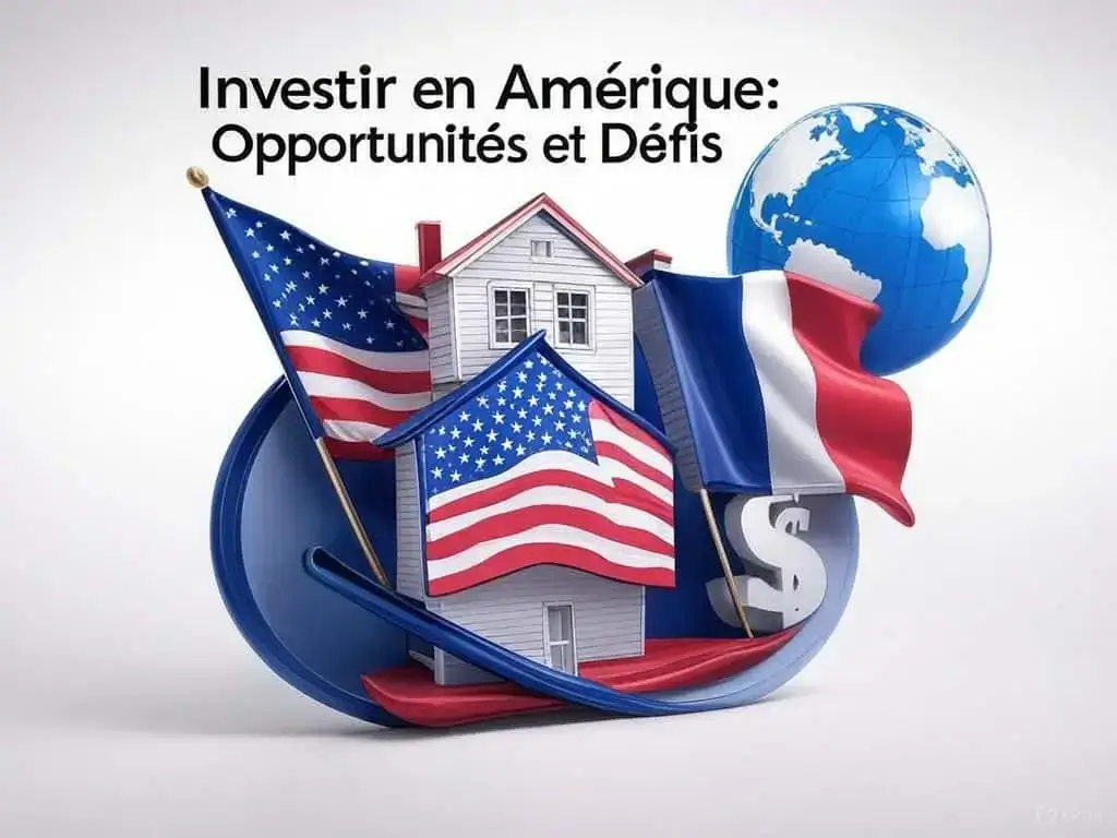 Logo illustrant investir aux États-Unis pour les Français, avec une maison blanche ornée d’un symbole dollar, entourée des drapeaux américain et français, sur un fond bleu clair. Texte en haut : "Investir en Amérique : Opportunités et Défis". Mots-clés : investissement, États-Unis, Français, fiscalité, immobilier, opportunités, Floride, Texas, Ohio, Caroline du Nord pour investir en Amérique.