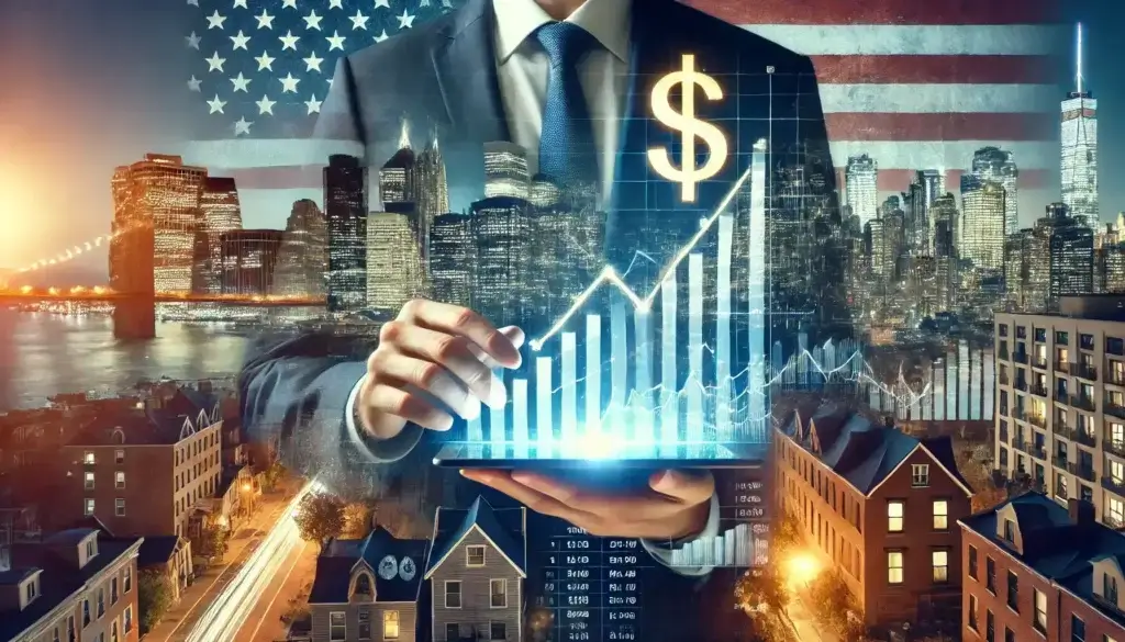 Illustration haute résolution représentant les opportunités d’investissement aux États-Unis avec une ville moderne, un graphique boursier en hausse et un businessman avec une tablette digitale.