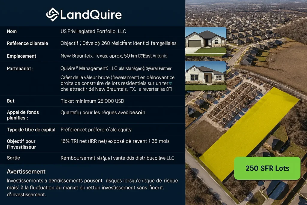 Présentation visuelle du portefeuille foncier LandQuire avec fiche projet à gauche et vue aérienne de terrains résidentiels à droite à New Braunfels, Texas.