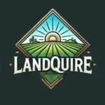 Logo de LandQuire avec un emblème en losange représentant un paysage stylisé avec un soleil levant et des champs verts, accompagné du texte 'LandQuire' en blanc et du slogan 'Acres of Experience'.