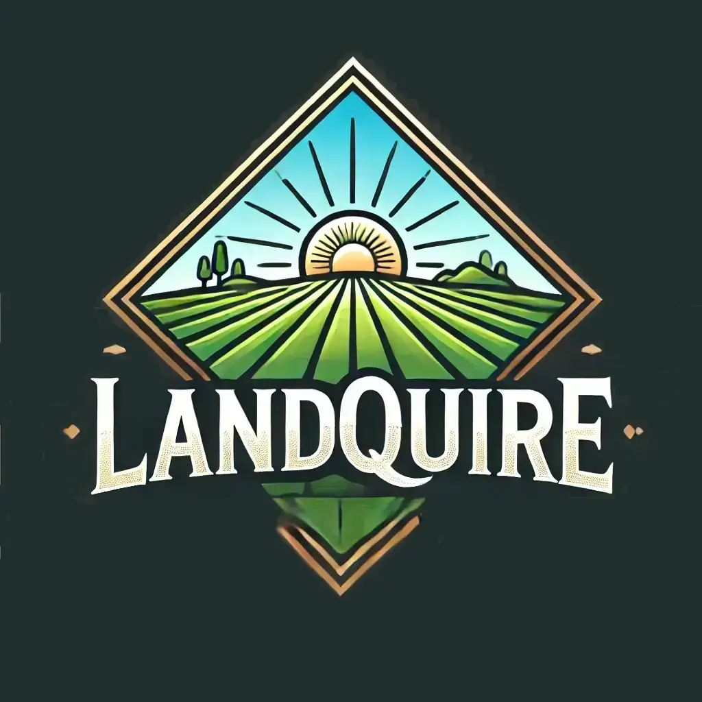 Logo de LandQuire avec un emblème en losange représentant un paysage stylisé avec un soleil levant et des champs verts, accompagné du texte 'LandQuire' en blanc et du slogan 'Acres of Experience'.