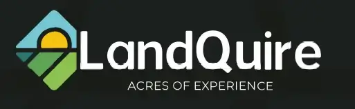 Logo de LandQuire avec un emblème en losange représentant un paysage stylisé avec un soleil levant et des champs verts, accompagné du texte 'LandQuire' en blanc et du slogan 'Acres of Experience' pour investir aux états unis