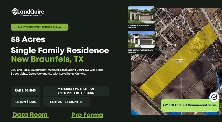 Investir aux USA avec LandQuire : opportunité d’investissement immobilier au Texas sur un terrain de 58 acres à New Braunfels. Projet de résidences individuelles avec forte rentabilité estimée (55 % SPLIT ROI + 10 % de retour préférentiel) et une sortie prévue sous 24 à 36 mois.