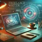 Bureau de rédacteur freelance à La Réunion, avec un ordinateur portable affichant un design web futuriste et le mot "SEO", symbolisant le travail à distance et le métier du web digital.