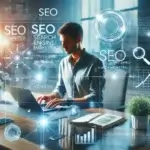 Rédacteur web SEO travaillant sur du contenu optimisé avec des éléments de référencement et d’analyse digitale.