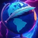 Globe terrestre stylisé avec une plume, symbolisant la rédaction web essentielle pour l'optimisation de contenu et la visibilité en ligne.