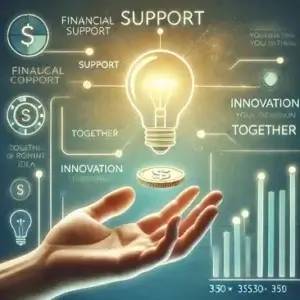 L'image représente une main tendue vers une ampoule lumineuse flottante, symbole d'une idée innovante et du soutien financier. Autour de l'ampoule, des éléments graphiques futuristes affichent des mots-clés