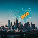 taxe investissement texas : Paysage urbain du Texas avec des symboles d'investissement et de taxation superposés, représentant l'investissement et la fiscalité dans l'État.