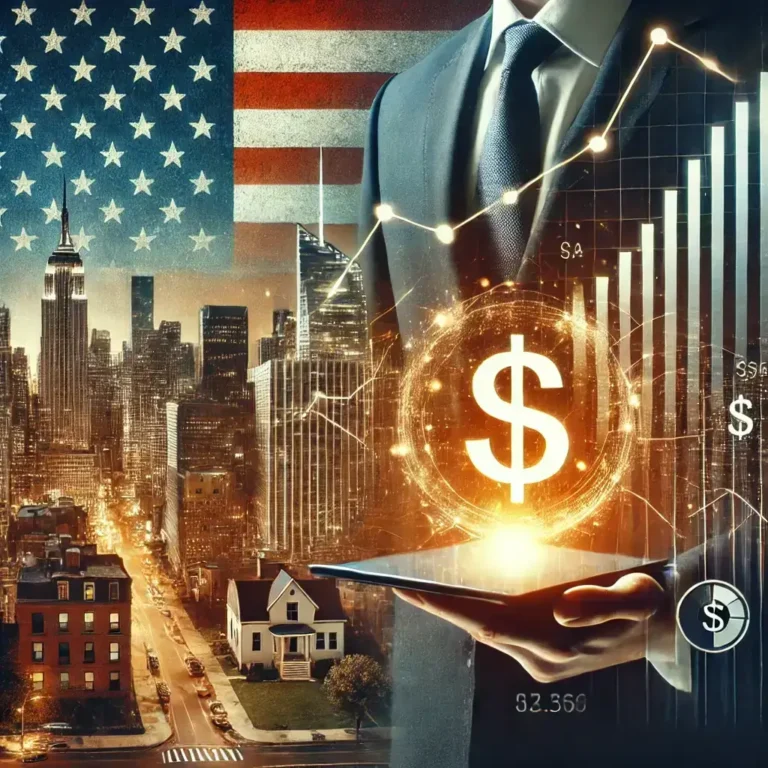 Illustration futuriste représentant l'investissement aux États-Unis avec une ville moderne, un graphique financier en hausse et un symbole du dollar doré.