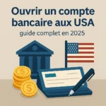 compte bancaire USA : banque, chèque, pièces et drapeau américain – guide pour ouvrir un compte en 2025