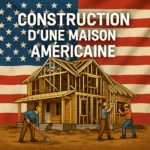 Construction d'une maison américaine : Une maison en construction entourée de travailleurs avec un drapeau américain en arrière-plan, représentant un chantier typique aux États-Unis.