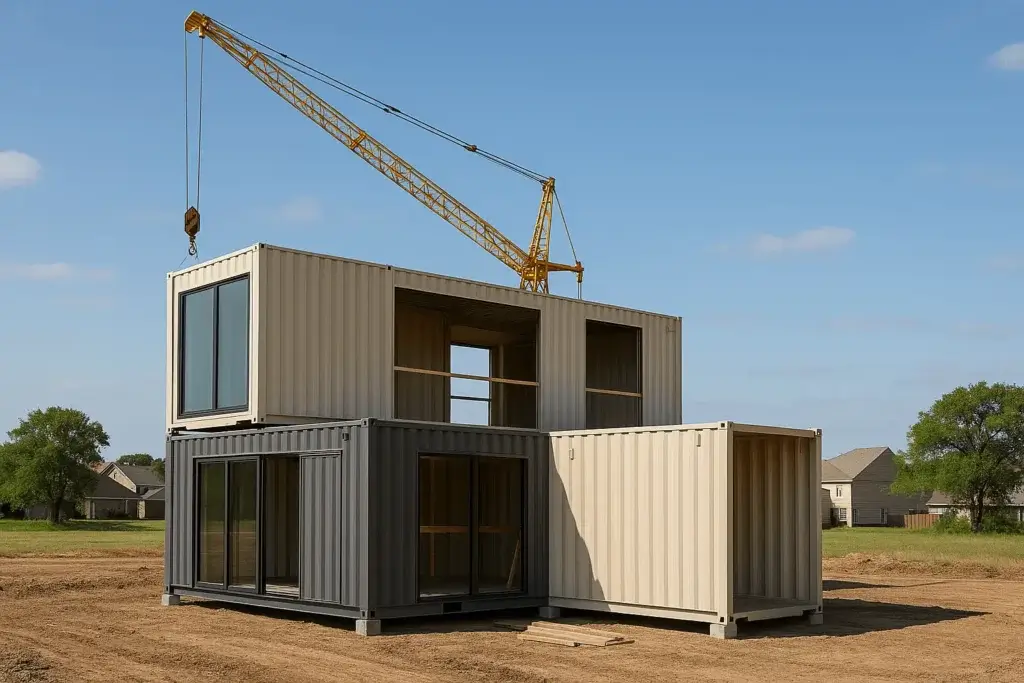 Chantier de maison container au Texas avec grues et modules empilés en phase de construction rapide et écologique.