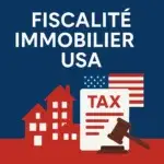 Fiscalité immobilier USA avec taxes, bâtiments et drapeau américain