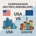 Comparaison des prix immobiliers entre les USA et l’Europe avec visuel symbolique des marchés immobiliers américain et européen
