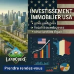 investir international : Graphique illustrant un investissement immobilier USA rentable avec drapeau américain, courbes de rentabilité et structuration légale — LandQuire.