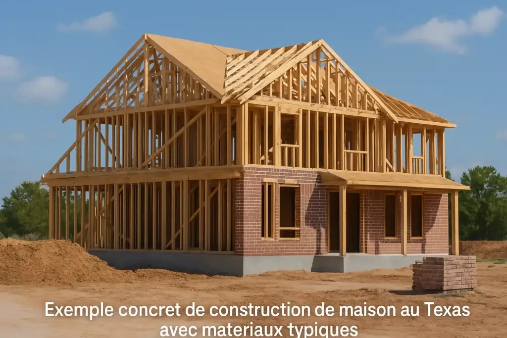 Maison en construction au Texas avec charpente bois, briques rouges et dalle béton – construire maison Texas