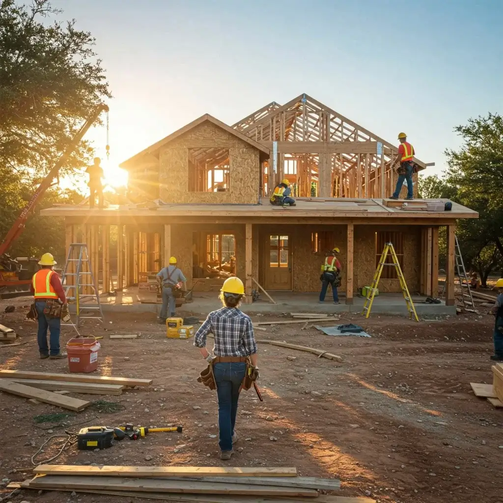 Logo "Normes Construction Texas" sur fond de chantier de construction au Texas. Contexte des normes de construction 2025 au Texas.