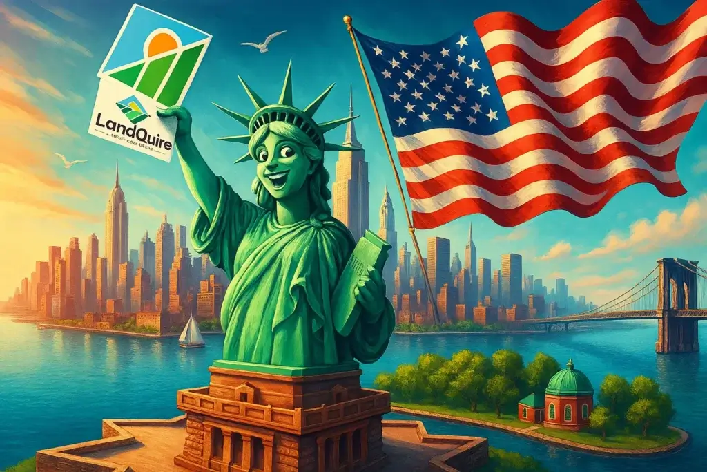 Placer argent USA : illustration créative de la Statue de la Liberté tenant le logo LandQuire en investissant dans le foncier américain