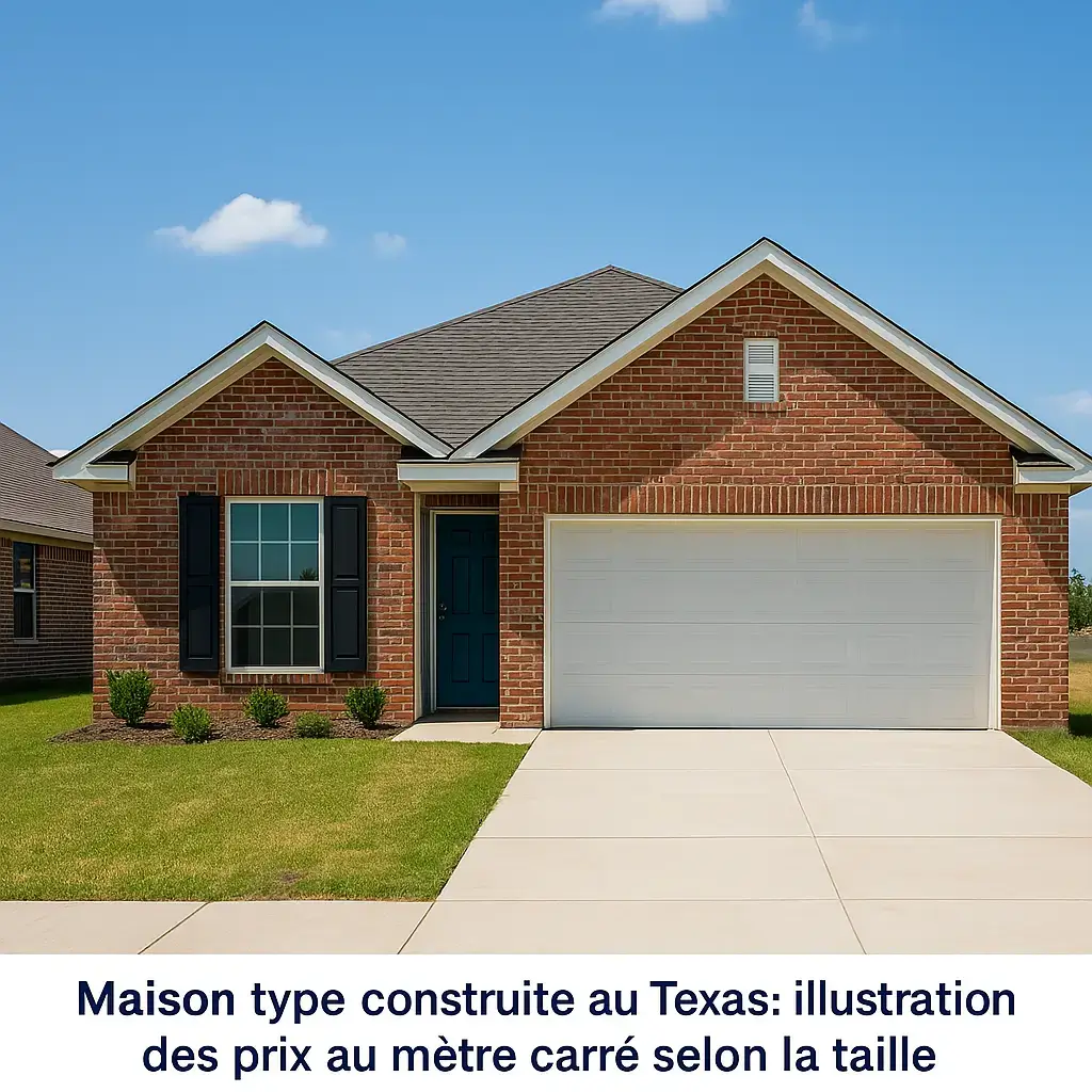 Maison neuve en brique rouge au Texas avec ciel bleu – estimation du coût de construction en 2025