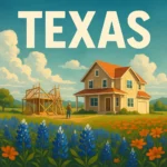 Construire une maison au Texas - Un chantier de construction au Texas avec une maison en construction entourée de champs de fleurs sauvages.