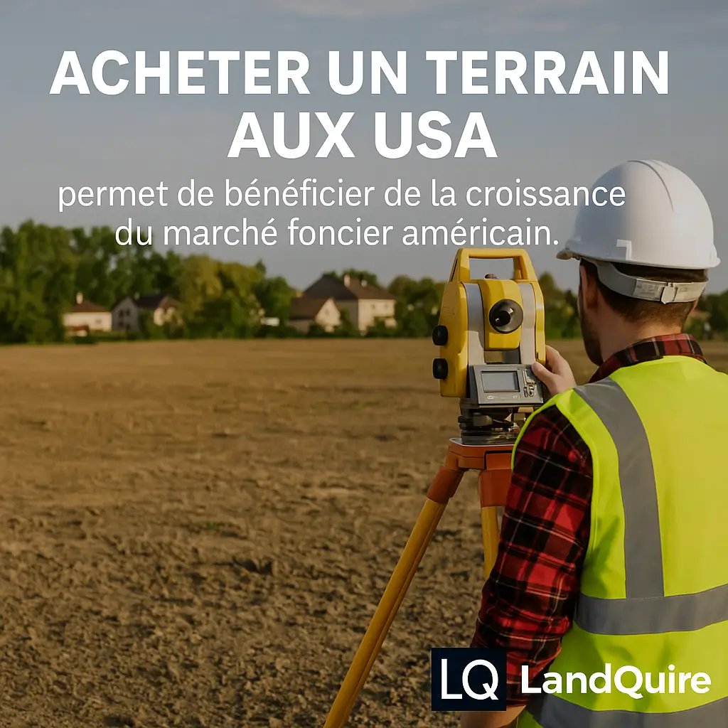 acheter un terrain aux USA – géomètre sur terrain avec logo LQ et la marque LandQuire