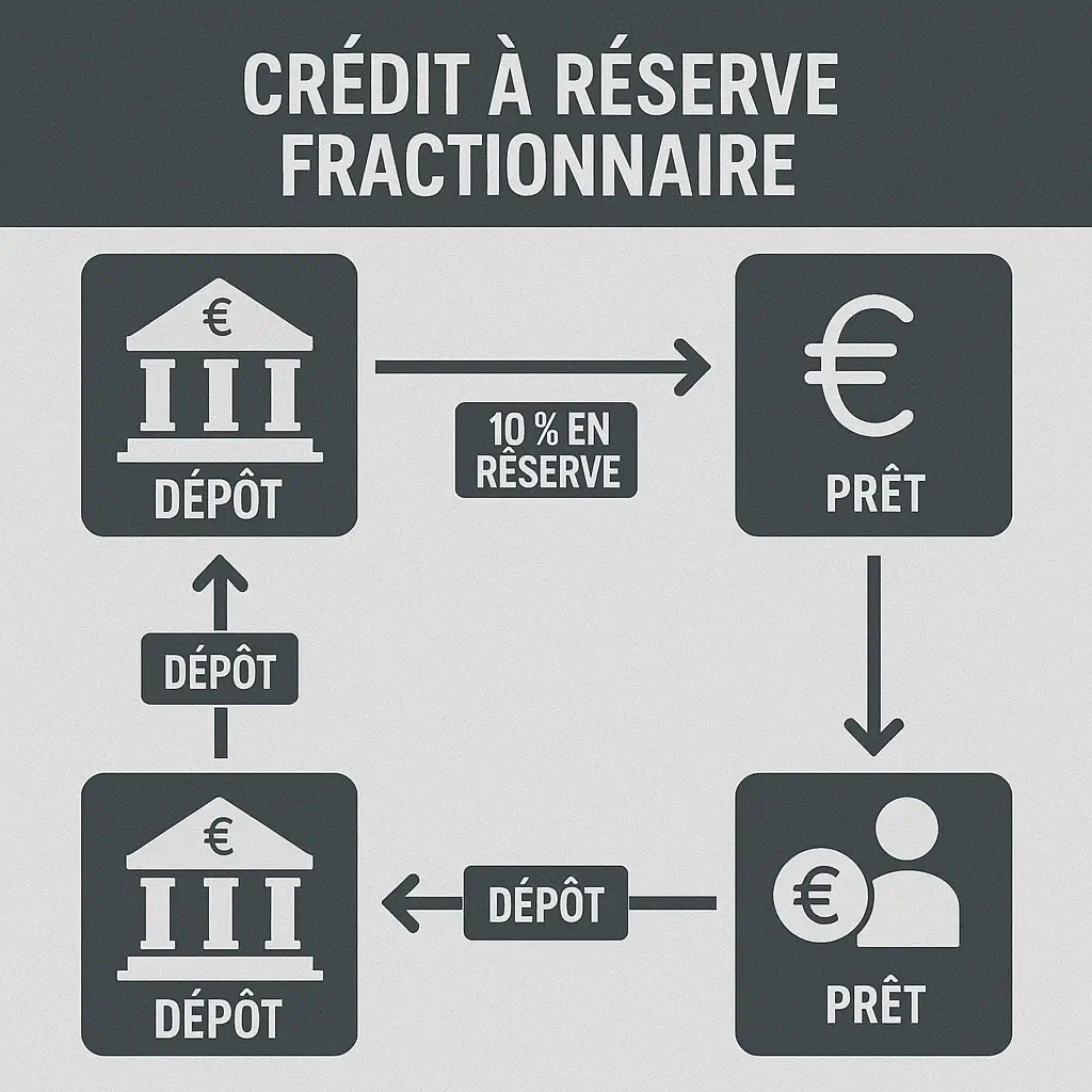 système bancaire Ponzi illustré par un schéma du crédit à réserve fractionnaire simplifié