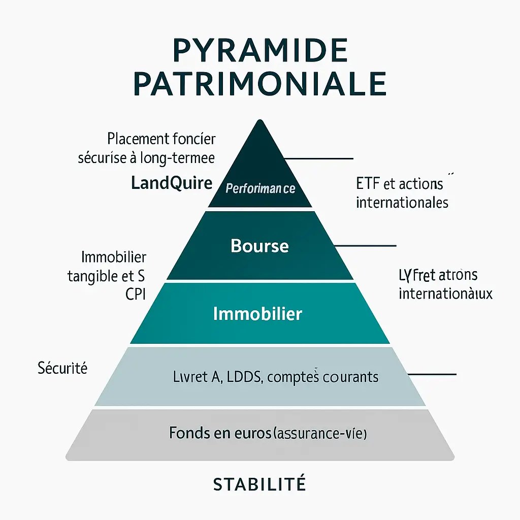 diversifier patrimoine : schéma pyramidal illustrant une stratégie de diversification patrimoniale incluant Livrets, SCPI, fonds euros, ETF, foncier USA avec LandQuire, et actifs alternatifs.