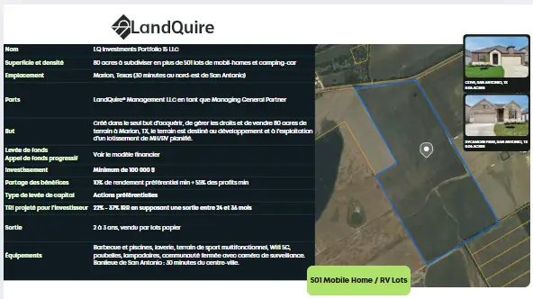 projet foncier Marion Texas – Vue satellite de la propriété PF15, montrant les limites du terrain et l’environnement routier local.