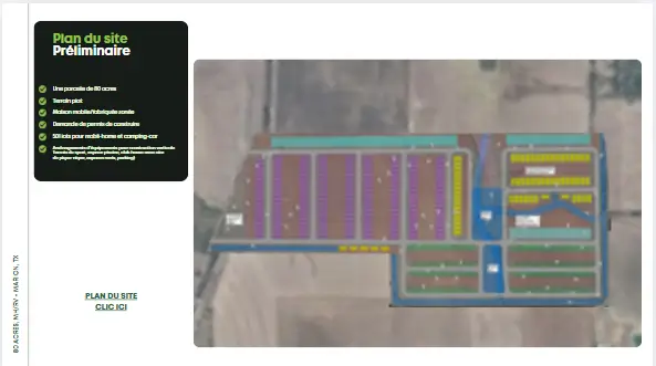 Plan préliminaire du terrain PF15 avec emplacements colorés pour mobil-homes, accès routiers et infrastructures.