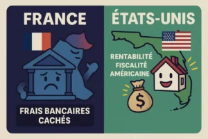 Leadership LandQuire immobilier – comparaison entre le système bancaire français avec frais cachés et le modèle américain axé sur rentabilité et fiscalité avantageuse.