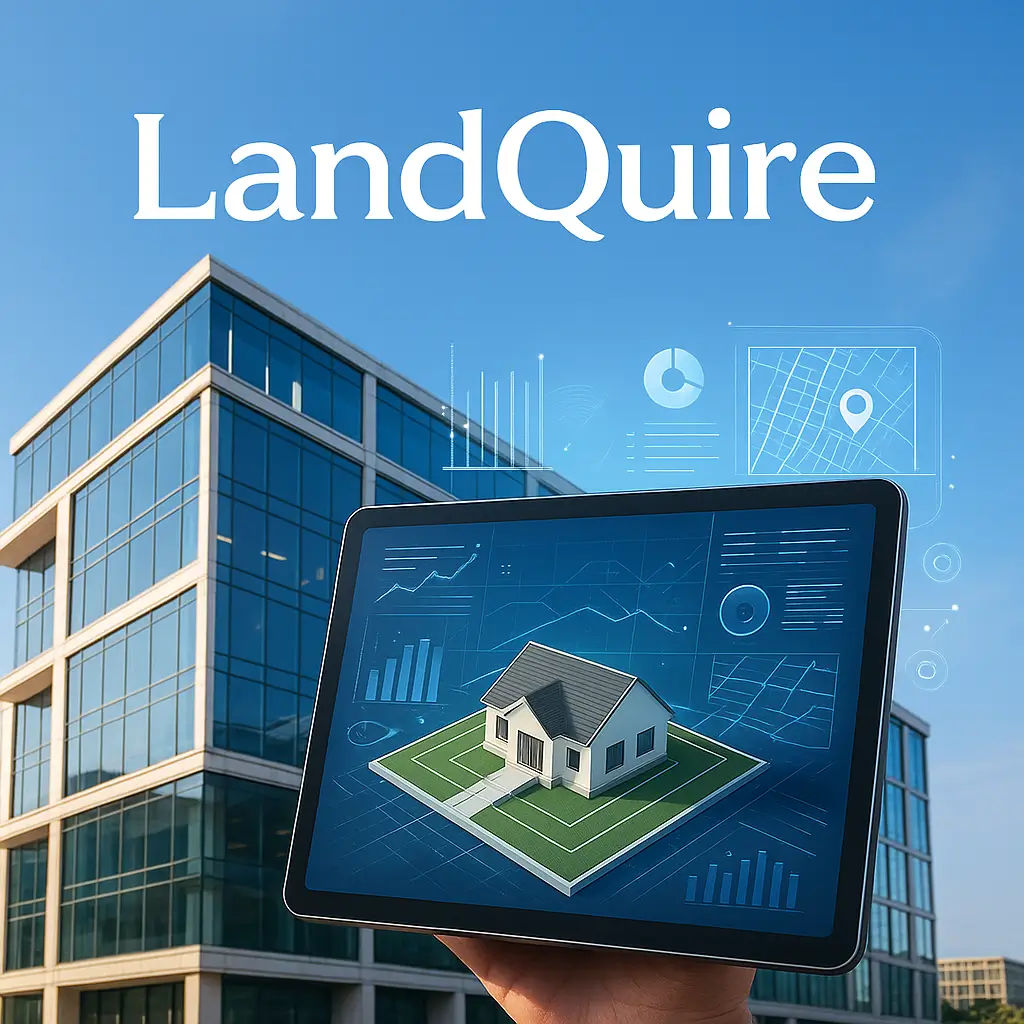 Leadership LandQuire immobilier - Plan 3D immobilier sur tablette avec données numériques, bâtiment moderne et ciel bleu, technologie LandQuire USA