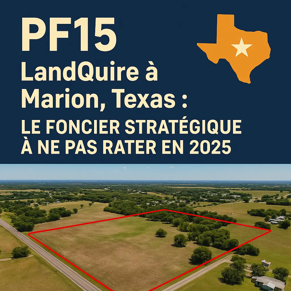 Projet foncier Marion Texas – Visuel du terrain PF15 LandQuire à fort potentiel avec carte, maison et symbole de rendement