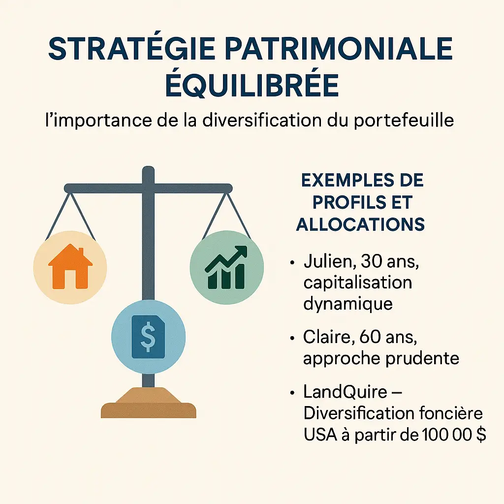 Stratégie patrimoniale équilibrée illustrée avec une balance et des exemples de diversification du portefeuille.