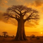 Baobab arbre sacré d’Afrique sous un ciel doré au coucher du soleil