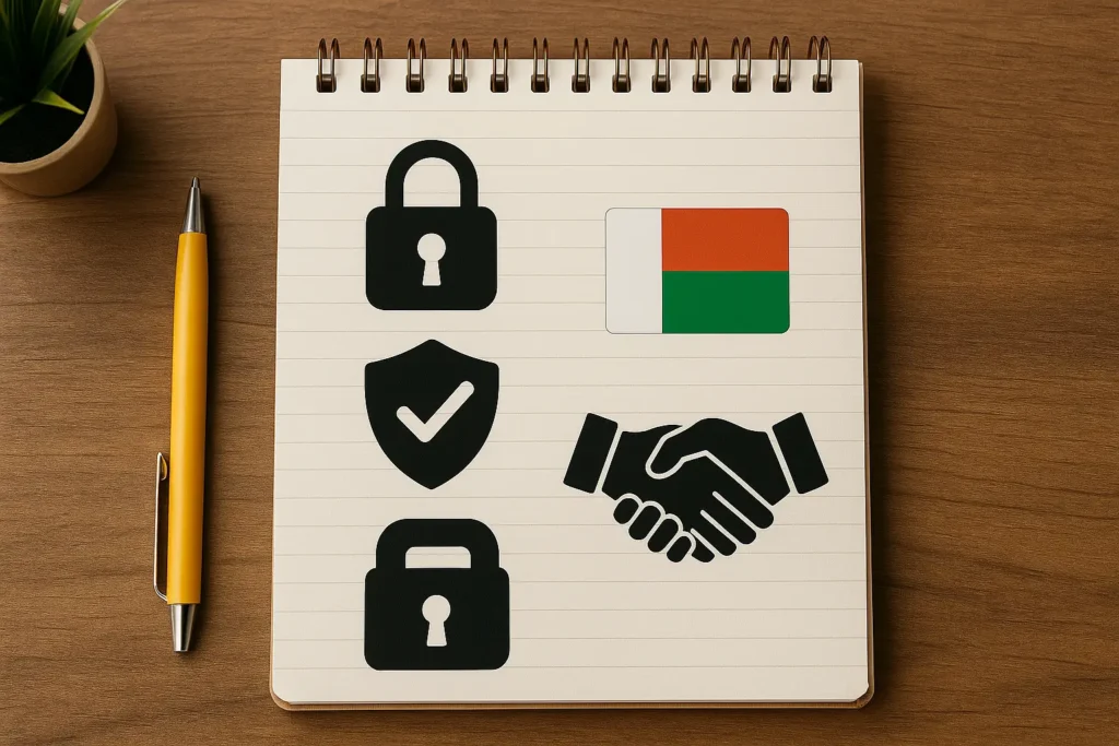 SEO Madagascar rédaction web : icônes de confidentialité, fiabilité et éthique sur un carnet spirale posé sur un bureau en bois.