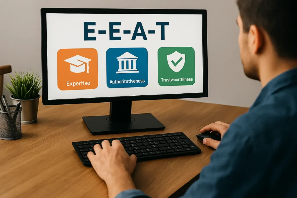 SEO Madagascar rédaction web : écran affichant les trois piliers EEAT — Expertise, Authoritativeness, Trustworthiness.