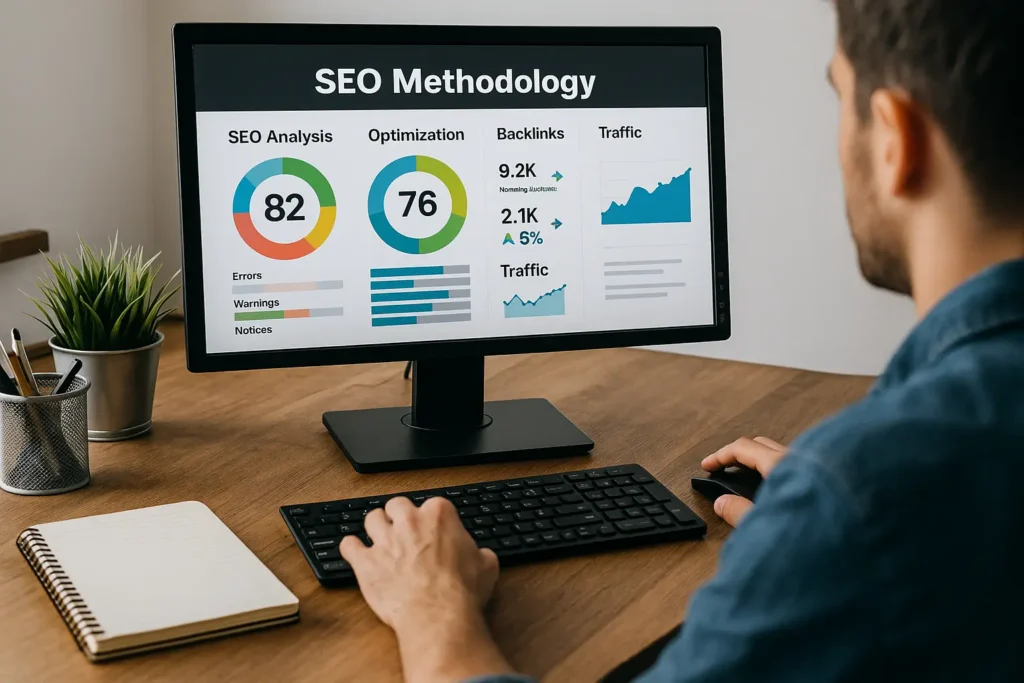 SEO Madagascar rédaction web – Méthodologies : un expert SEO analyse des graphiques d’optimisation, backlinks et trafic sur un écran d’ordinateur.