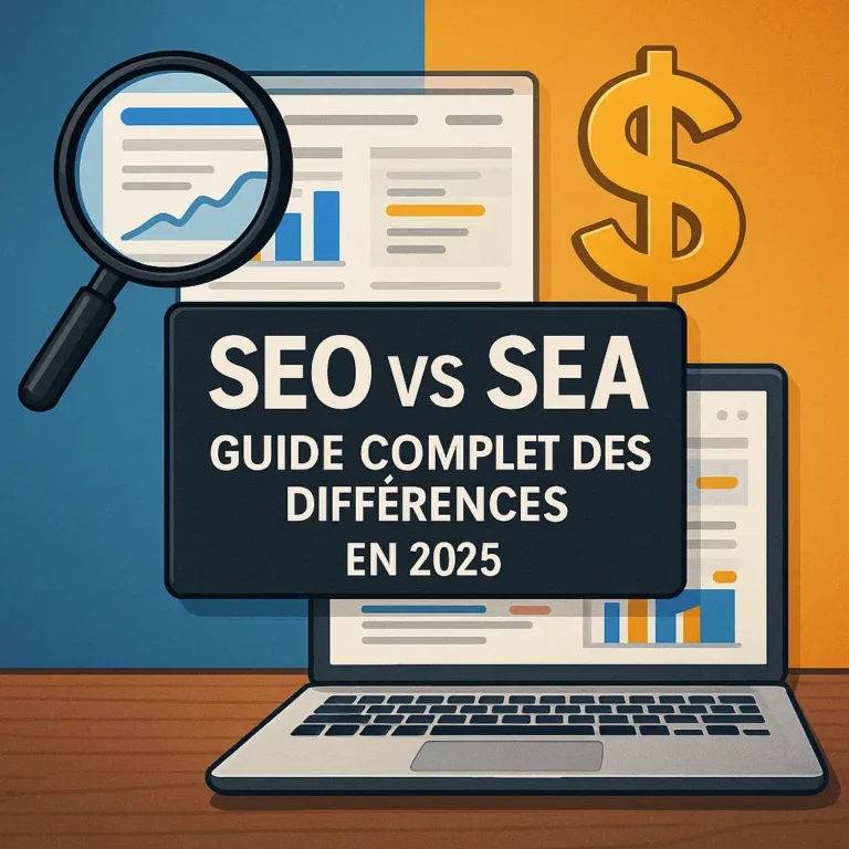 seo sea : illustration d’un ordinateur portable divisé en deux, avec une loupe sur une page de résultats (SEO) à gauche et un signe dollar avec annonces payantes (SEA) à droite.