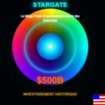 Stargate projet IA : Illustration futuriste du projet Stargate : méga-investissement IA de 500 milliards de dollars aux États-Unis avec portail technologique animé et drapeau américain