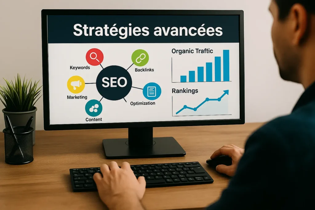 Stratégies avancées : ordinateur affichant un schéma SEO avec backlinks, optimisation, trafic organique et rankings.
