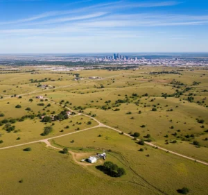 Achat terrain Abilene Texas : vue aérienne d'un vaste terrain à vendre avec la skyline de la ville en arrière-plan, symbolisant le potentiel d'investissement en 2025.