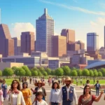 flux migratoires Texas immobilier : Vue panoramique d'une ville du Texas avec des gratte-ciel modernes et une foule diversifiée de personnes souriantes, symbolisant la forte migration et la croissance économique de l'État qui stimulent le marché immobilier.