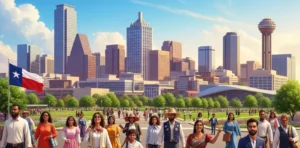 flux migratoires Texas immobilier : Vue panoramique d'une ville du Texas avec des gratte-ciel modernes et une foule diversifiée de personnes souriantes, symbolisant la forte migration et la croissance économique de l'État qui stimulent le marché immobilier.