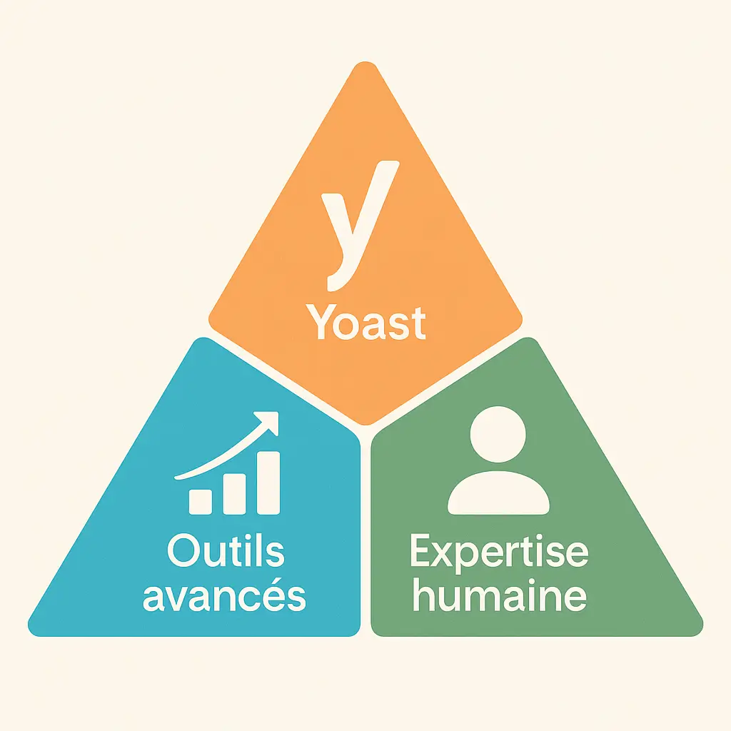 Yoast 2025 : triangle illustrant l’approche hybride – Yoast, outils avancés, expertise humaine.